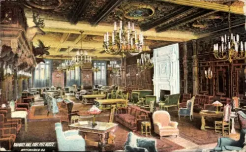 Ak Pittsburgh Pennsylvania USA, Banquet Hall Fort Pitt Hotel, elegante Einrichtung, Kronleuchter,