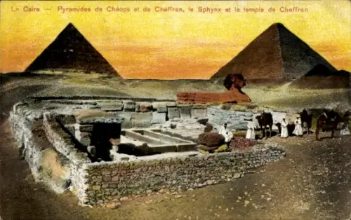 Ak Cairo Kairo Ägypten, Pyramiden von Gizeh, Sphinx, Tempel von Cheffren, Wüste, Kamele