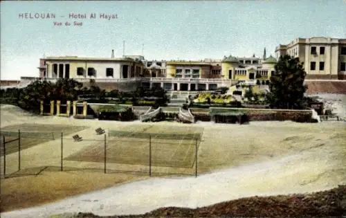 Ak Helwan Helouan Heluan Ägypten, Hotel Al Hayat,  Tennisplätze, Gartenanlage