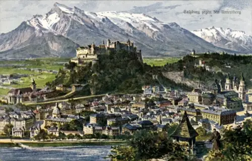 Ak Salzburg in Österreich,  Untersberg, Stadtansicht, Berge,  Burg