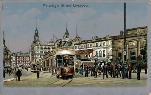 Ak Liverpool Merseyside England, Ranelagh Street,  Straßenbahn, Menschen,  Szenerie