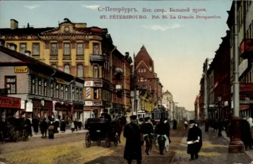 Ak Sankt Petersburg Russland, Straße in  Geschäfte, Pferdewagen, Menschen