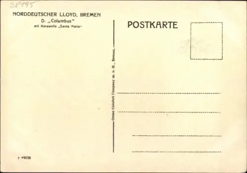 Künstler Ak Passagierdampfer Columbus mit Karawelle Santa Maria, Norddeutscher Lloyd