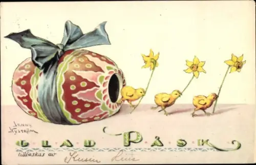 Künstler Ak Nyström, Jenny, Frohe Ostern, Osterei, Küken mit Narzissen