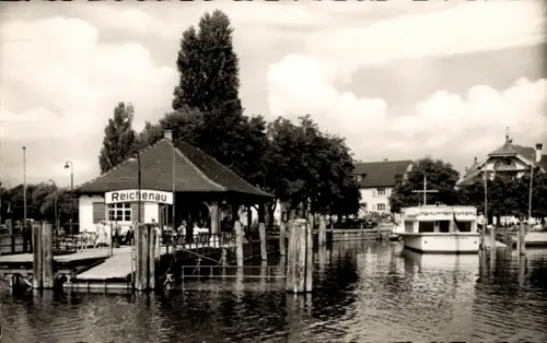 Ak Insel Reichenau Bodensee,  Schiffslandestelle, Hotel Seeschau, Bootsanleger