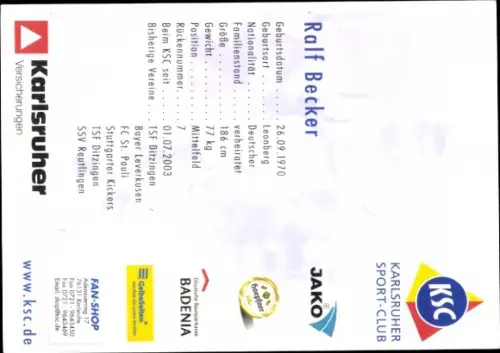 Autogrammkarte Fußballer Ralf Becker, Karlsruher SC, Autogramm