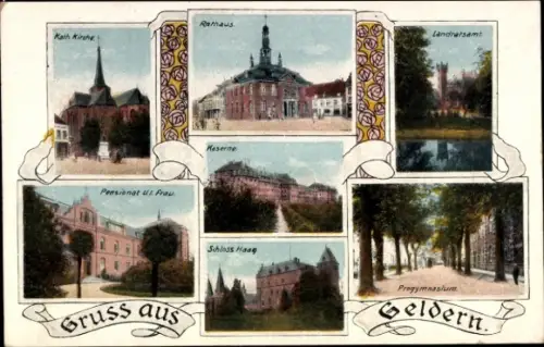 Ak Geldern, Kaserne, Pensionat, Progymnasium, Schloss, Rathaus