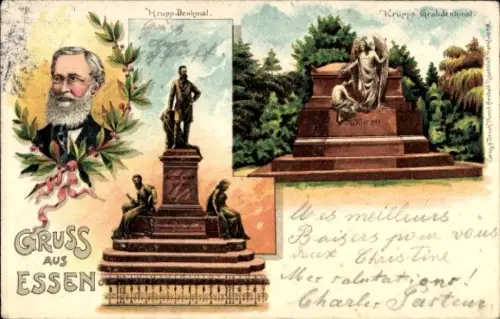 Litho Essen im Ruhrgebiet, Alfred Krupp Denkmal, Portrait, Grabdenkmal