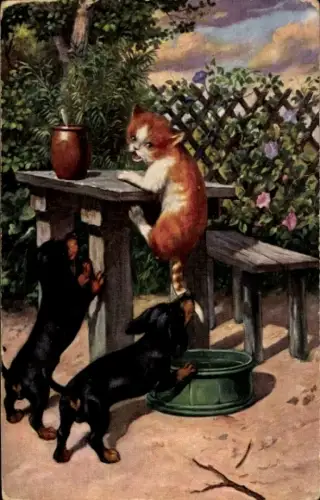 Ak Dackel jagen eine Katze, Tisch