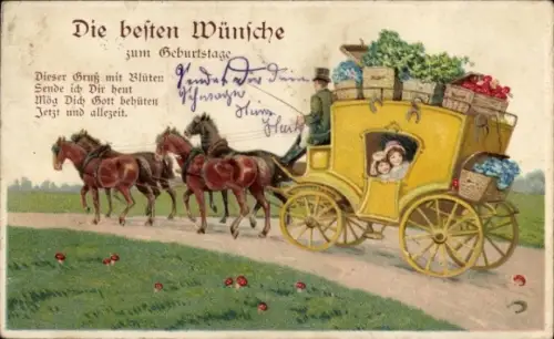 Präge Ak Glückwunsch zum Geburtstag, Postkutsche, Kisten mit Blumen, Kleeblättern und Pilzen