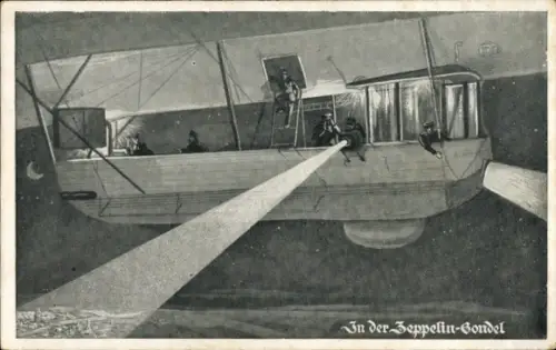 Künstler Ak In der Zeppelin Gondel, Flutlichter, Nacht, Luftschiff