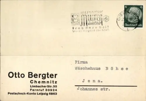 Ak Chemnitz in Sachsen, HILFSWERK, Wäschehaus Böhse, Otto Bergter,  Poststempel, 1938