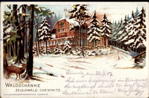Litho Chemnitz Zeisigwald, Blick auf die verschneite Waldschänke