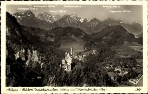 Ak Füssen am Lech Allgäu, Schloss Neuschwanstein, Marienbrücke, Alpenlandschaft, Berge, Seen