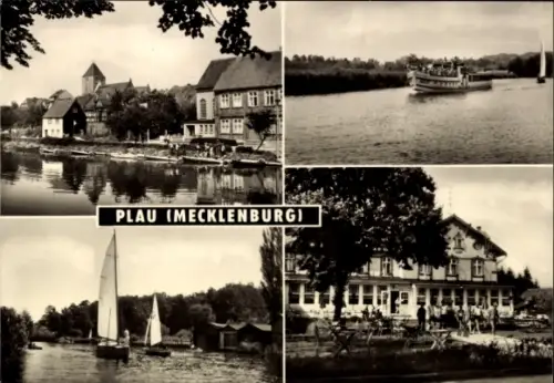 Ak Plau am See Mecklenburg, Vier Bilder von Plau, Schiffe, Segelboote, Erholungsheim Waldheim