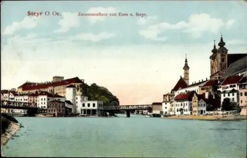 Ak Steyr in Oberösterreich, Steyr O. Oe., Zusammenfluss von Enns u.  Flusslandschaft, Gebäude