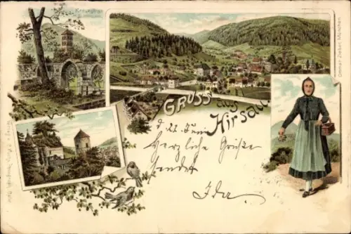 Litho Hirsau Calw im Schwarzwald, Gesamtansicht, Frau in Tracht, Kreuzgänge