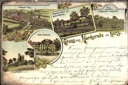 Litho Harkerode Arnstein im Südharz, Nüsslein's Gasthof zum grünen Röckchen, Burg Arnstein, Schloss