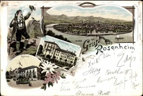 Litho Rosenheim Oberbayern, Gesamtansicht, Marienbad, Kaiserbad, Wanderer