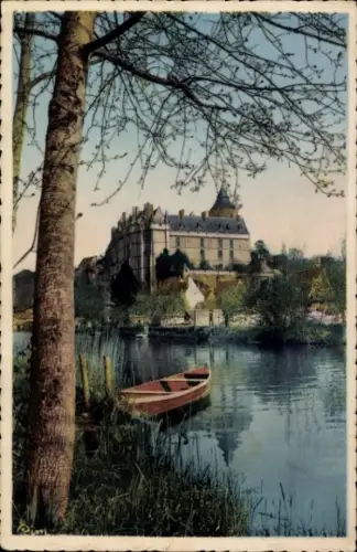 Ak Châteaudun Eure et Loir, Schloss, Fluss, Boot, Bäume, farbenfrohe 