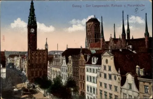 Ak Gdańsk Danzig,  Langermarkt, Rathaus, Marienkirche,  Architektur