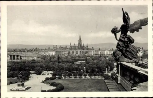 Ak Wien 1 Innere Stadt, Blick auf  Parlament, Rathaus, Statue, Park