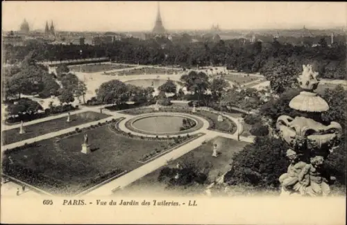 Ak Paris I Louvre, Jardin des Tuileries, Eiffelturm, Parklandschaft, Statuen
