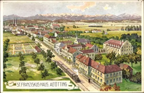 Künstler Ak Bernhard, F., Altötting in Oberbayern, St. Franziskushaus, Gebirge, Kirche, Dampflok