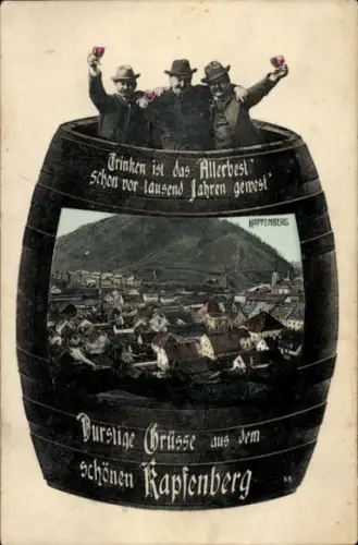 Passepartout Ak Kapfenberg Steiermark, Gesamtansicht, Fass, Männer mit Weingläsern