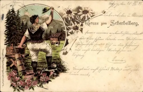 Litho Scherbelberg, Frau winkt zum Abschied, Edelweiß