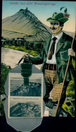 Leporello Ak Riesengebirge, Burg Kynast, Schneekoppe, Wanderer