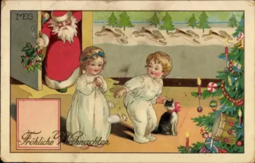 Künstler Ak Frohe Weihnachten, Weihnachtsmann, Kinder, Katze