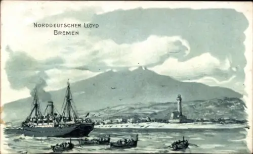 Künstler Ak Norddeutscher Lloyd Bremen, Dampfschiff vor der Küste, Leuchtturm, Boote