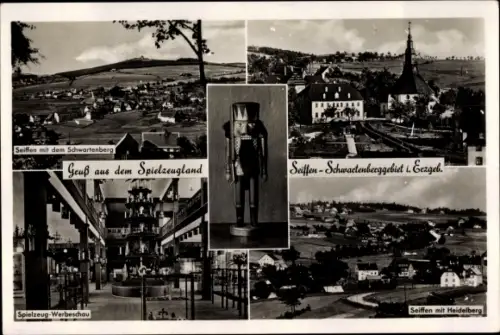 Ak Seiffen Erzgebirge, Ort m. Schwartenberg, Spielzeug Werbeschau, Buntes Haus, Nussknacker, Gasthof