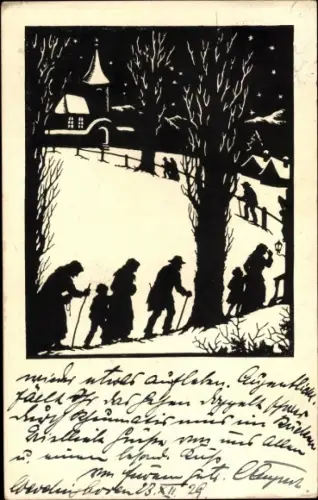 Scherenschnitt Ak Weihnachten, Menschen auf dem Weg zur Kirche