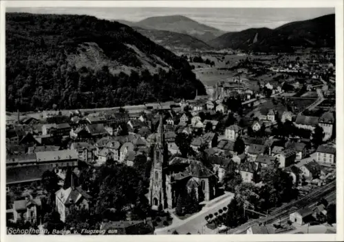 Ak Obertüllingen Lörrach in Baden Württemberg, Luftaufnahme von Schopfheim, Berge, Häuser, Kirche