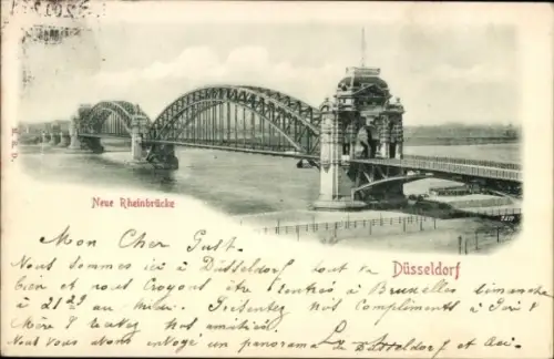 Relief Ak Düsseldorf am Rhein, Neue Rheinbrücke