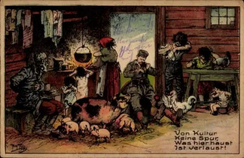 Künstler Ak Thiele, Arthur, Von Kultur keine Spur, Soldat und Bauernfamilie kratzen sich, Schweine