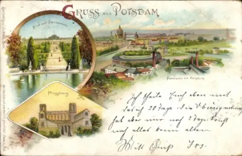 Litho Potsdam, Panorama, Schloss Sanssouci, Pfingstberg