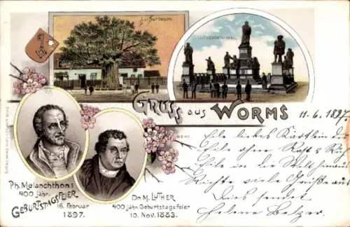 Litho Worms in Rheinland Pfalz, Lutherbaum, Lutherdenkmal, Portraits Ph. Melanchton u. Dr. M. Luther