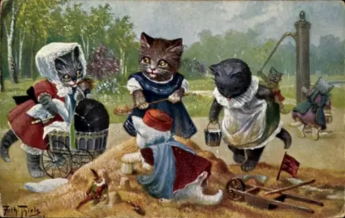 Künstler Ak Thiele, Arthur, Vermenschlichte Katzenkinder im Sandkasten, Puppenwagen, Wasserpumpe