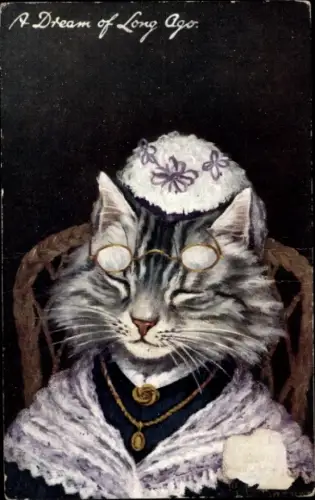 Künstler Ak A Dream of Long Ago, vermenschlichte Katze, Brille, Schultertuch