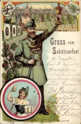 Litho Gruß vom Schützenfest, Schützenkönig, Kellnerin mit Bierkrügen