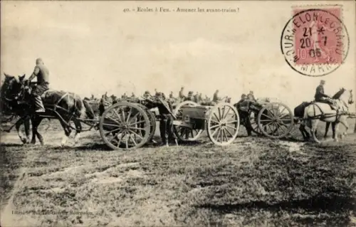 Ak Mourmelon le Grand Marne, 40. Ecoles à Feu. Amenez les avant-trains!