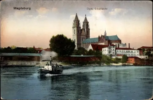 Ak Magdeburg an der Elbe, Dom, Elbansicht, Boot auf der Elbe, Stadtansicht