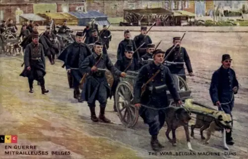 Ak Belgische Soldaten in Uniformen, Arbeitshunde, I. WK