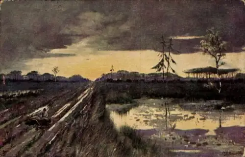 Künstler Ak Heidelandschaft bei Dämmerung
