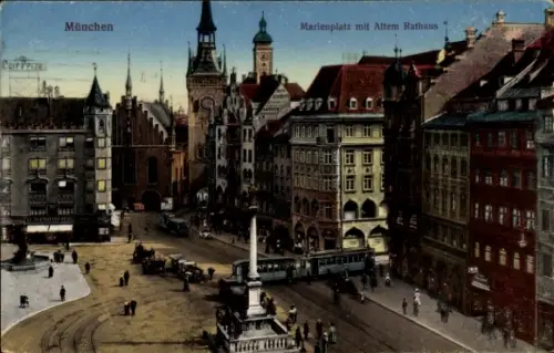 Ak München,  Marienplatz, Altes Rathaus, Straßenbahn