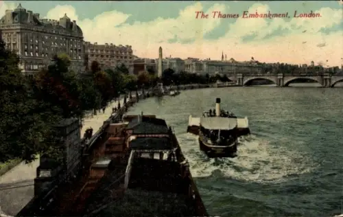 Ak Westminster London City, Thames Embankment,  Fluss, Boot, Bäume, Hotels Cecil und Savoy