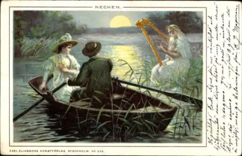 Mondschein Litho Liebespaar im Ruderboot, Wassergott mit Harfe